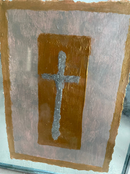 Orignal cross painting in gold floater frame