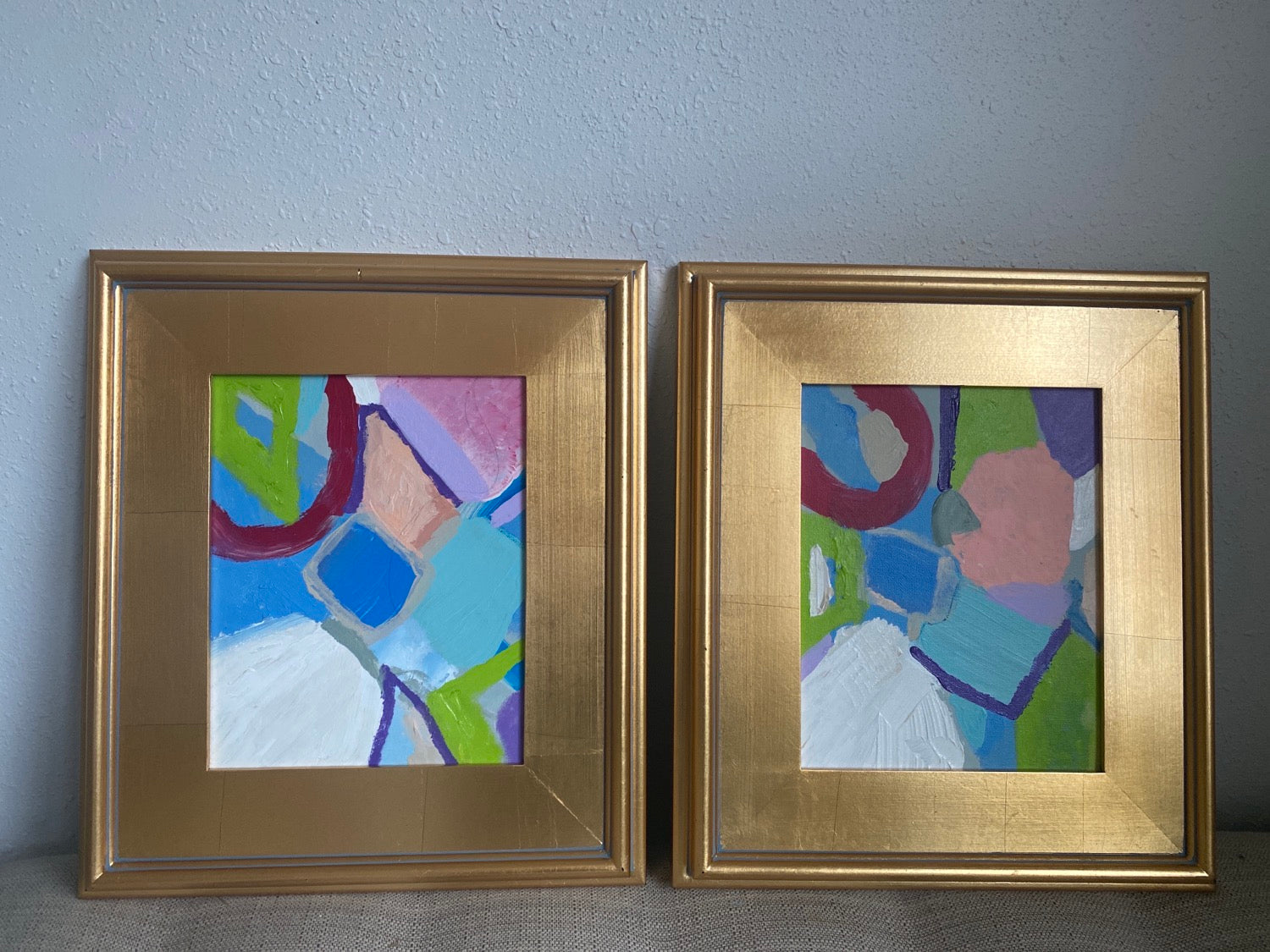 Pair of 8x10 abstract acrylic originals on canvas panels framed to 14x16 by Dawn Lensing