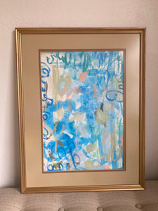 Original abstract acrylic on paper framed in 21x27” solid wood frame with glass by Dawn Lensing